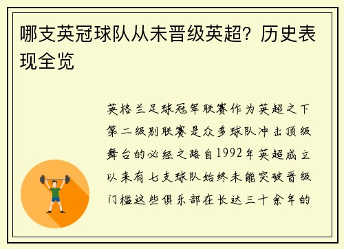 哪支英冠球队从未晋级英超？历史表现全览